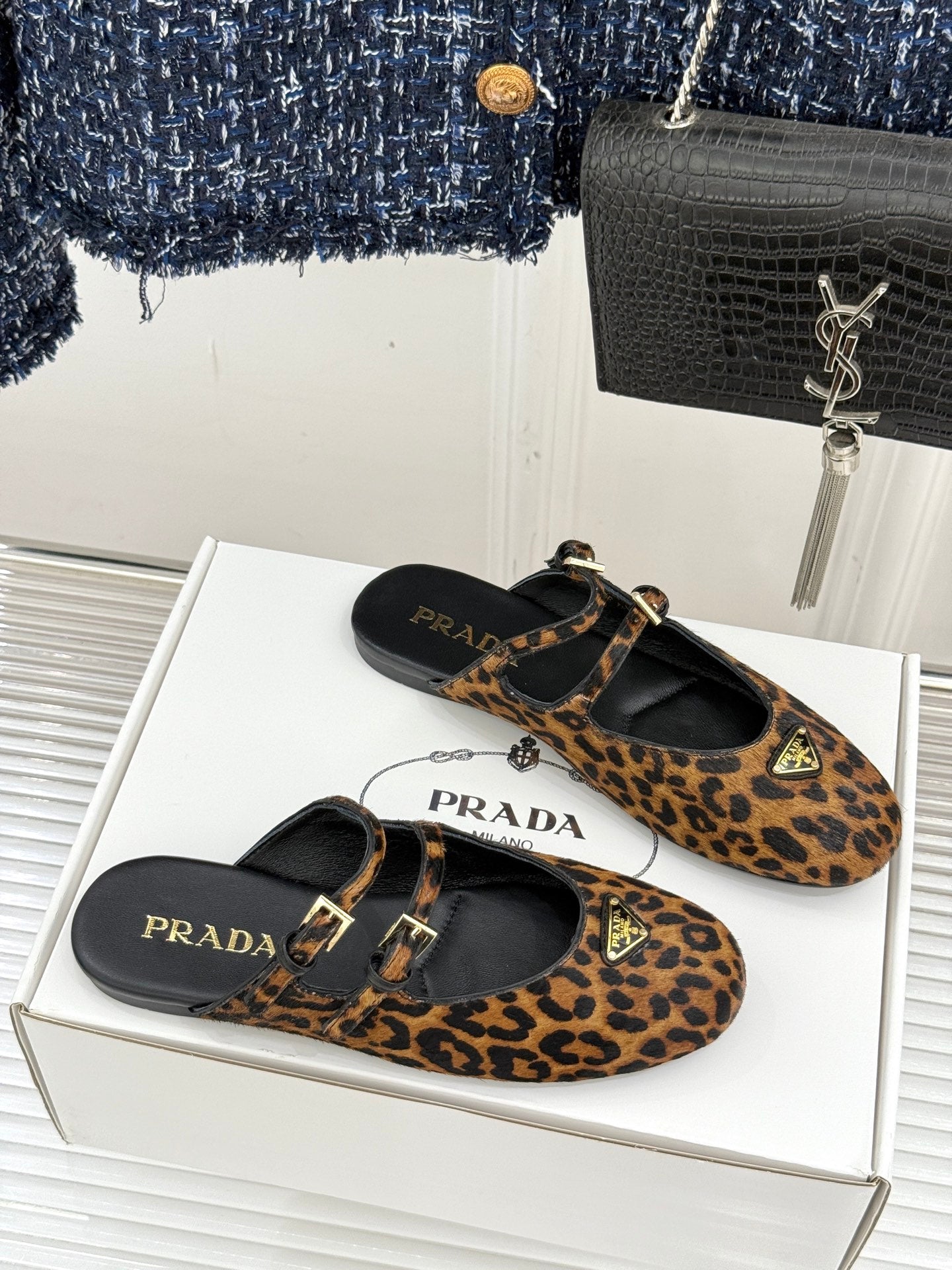 PRADA 25S DUAL MARY JANE BALLERINA MULES IN LEOPARD PRINT PONY HAIR