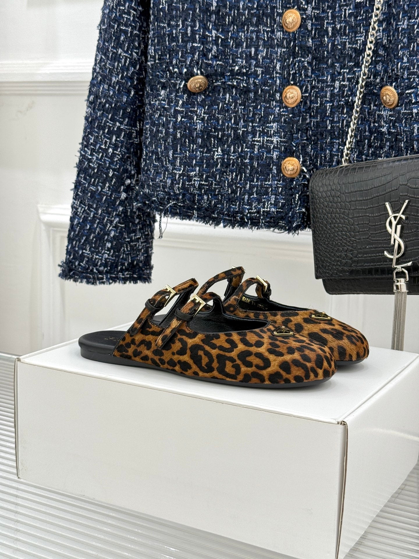 PRADA 25S DUAL MARY JANE BALLERINA MULES IN LEOPARD PRINT PONY HAIR