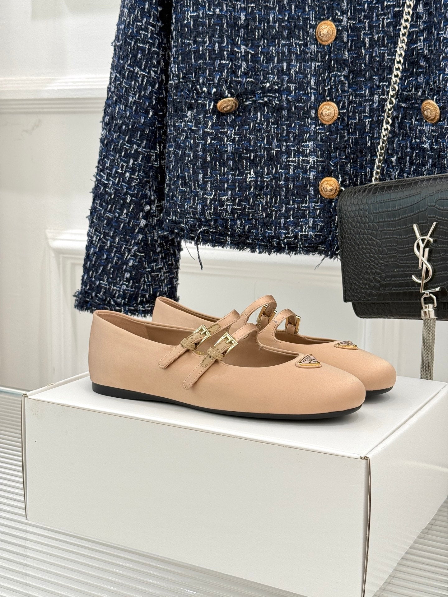 PRADA 25S DOUBLE STRAP BALLERINAS IN NUDE SATIN