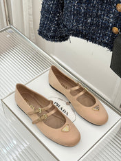 PRADA 25S DOUBLE STRAP BALLERINAS IN NUDE SATIN