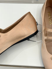 PRADA 25S DOUBLE STRAP BALLERINAS IN NUDE SATIN