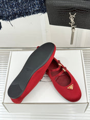 PRADA 25S DOUBLE STRAP BALLERINAS IN RED WINE SATIN