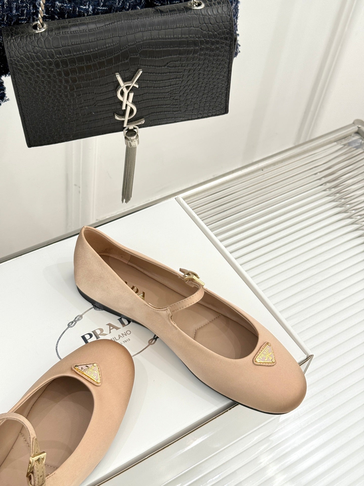 PRADA 25S BALLERINAS IN NUDE SATIN