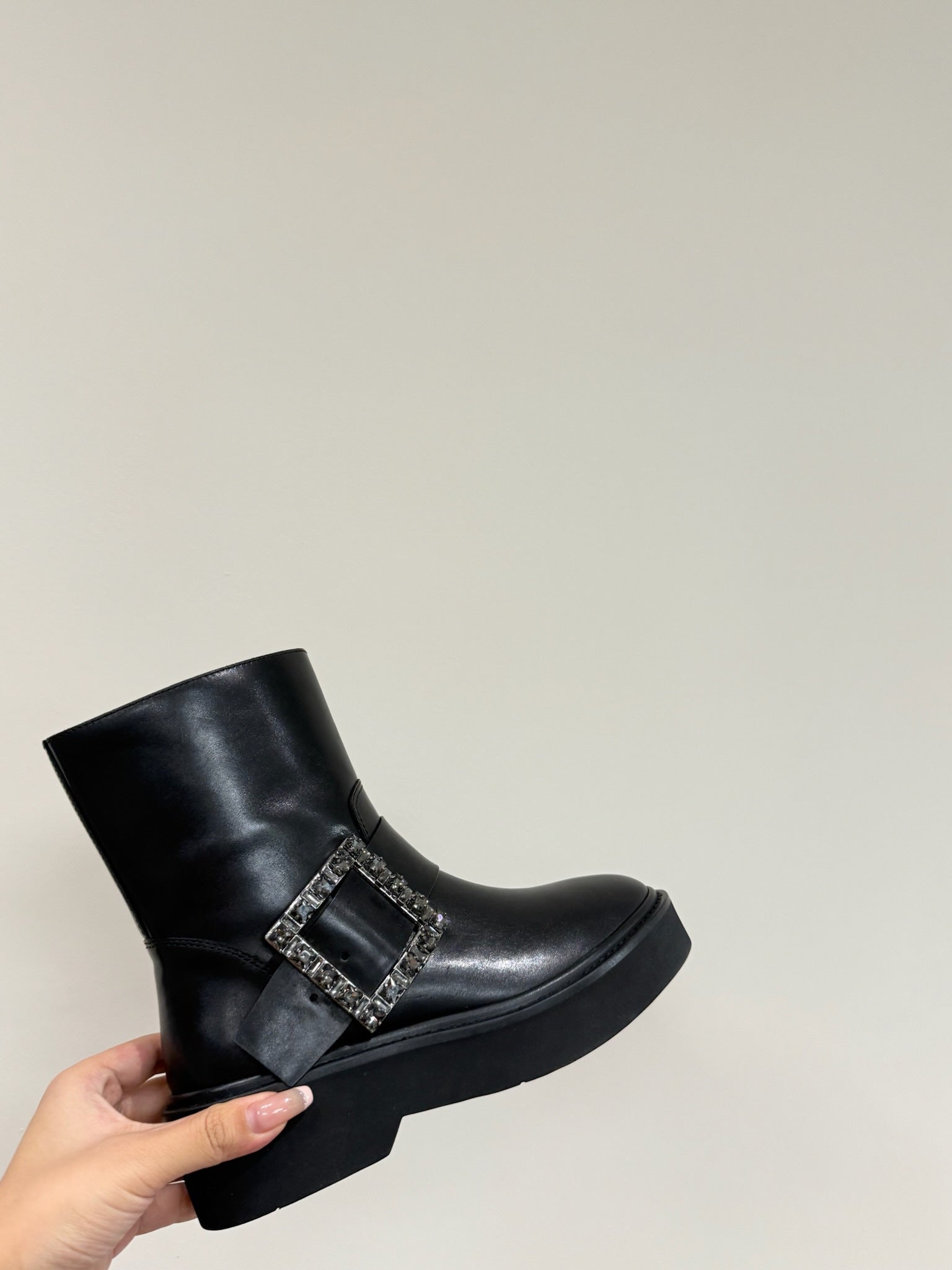 VIV' RANGERS CHELSEA ANKLE BOOTS IN BLACK CALFSKIN WITH BLACK CRYSTAL BUCKLE