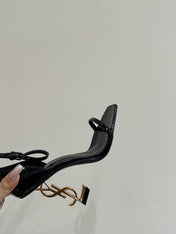 YSL HEELED SANDALS 25S 105 MM IN BLACK GLOSSY LAMBSKIN WITH GOLD HARDWARE