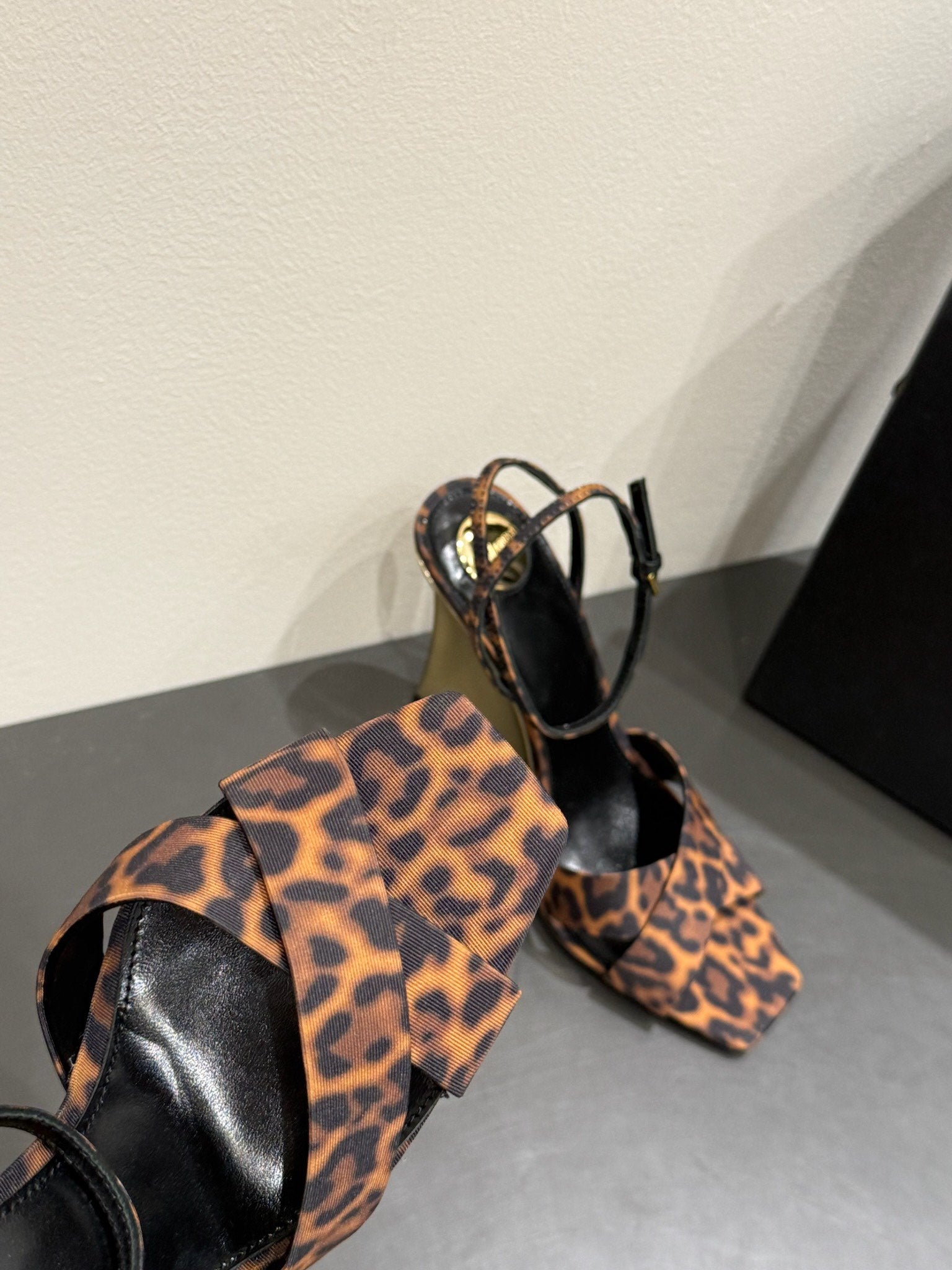 YSL STRAPPY WEDGE SANDALS 25S IN LEOPARD PRINT FABRIC