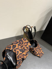 YSL STRAPPY WEDGE SANDALS 25S IN LEOPARD PRINT FABRIC
