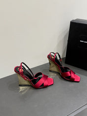 YSL STRAPPY WEDGE SANDALS 25S IN DARK RED SATIN
