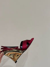 YSL STRAPPY WEDGE SANDALS 25S IN DARK RED SATIN