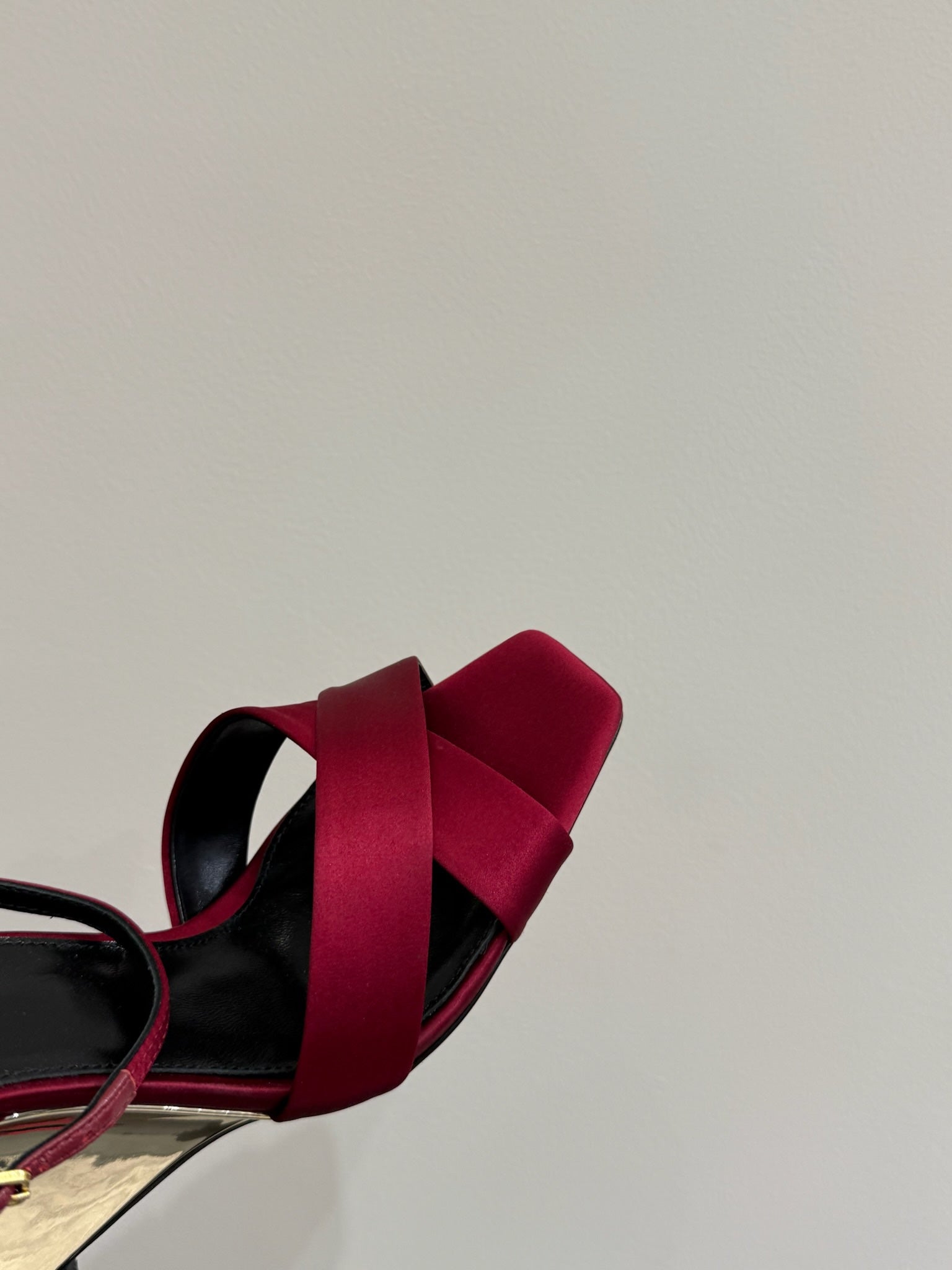 YSL STRAPPY WEDGE SANDALS 25S IN DARK RED SATIN