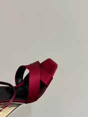 YSL STRAPPY WEDGE SANDALS 25S IN DARK RED SATIN