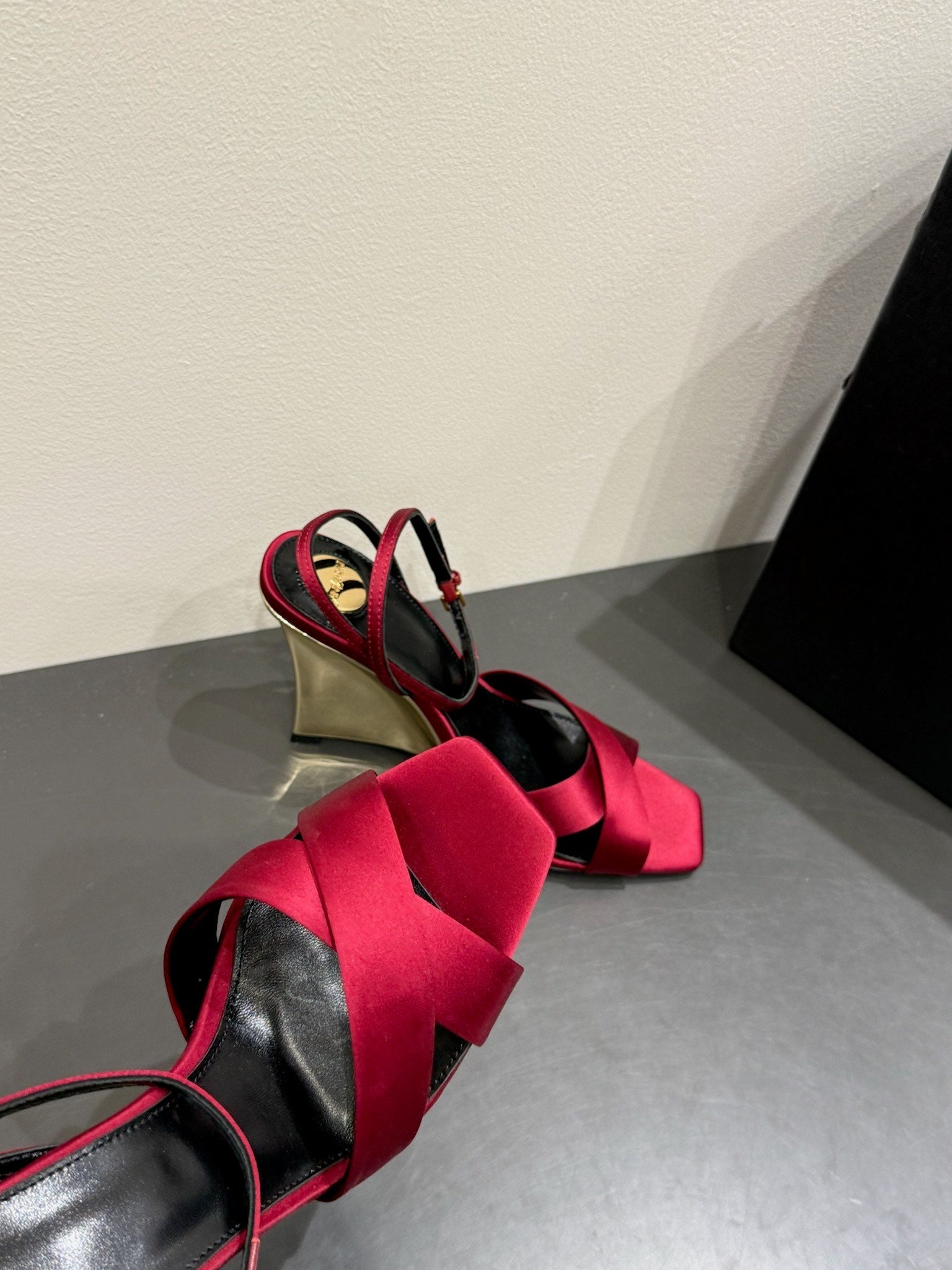 YSL STRAPPY WEDGE SANDALS 25S IN DARK RED SATIN