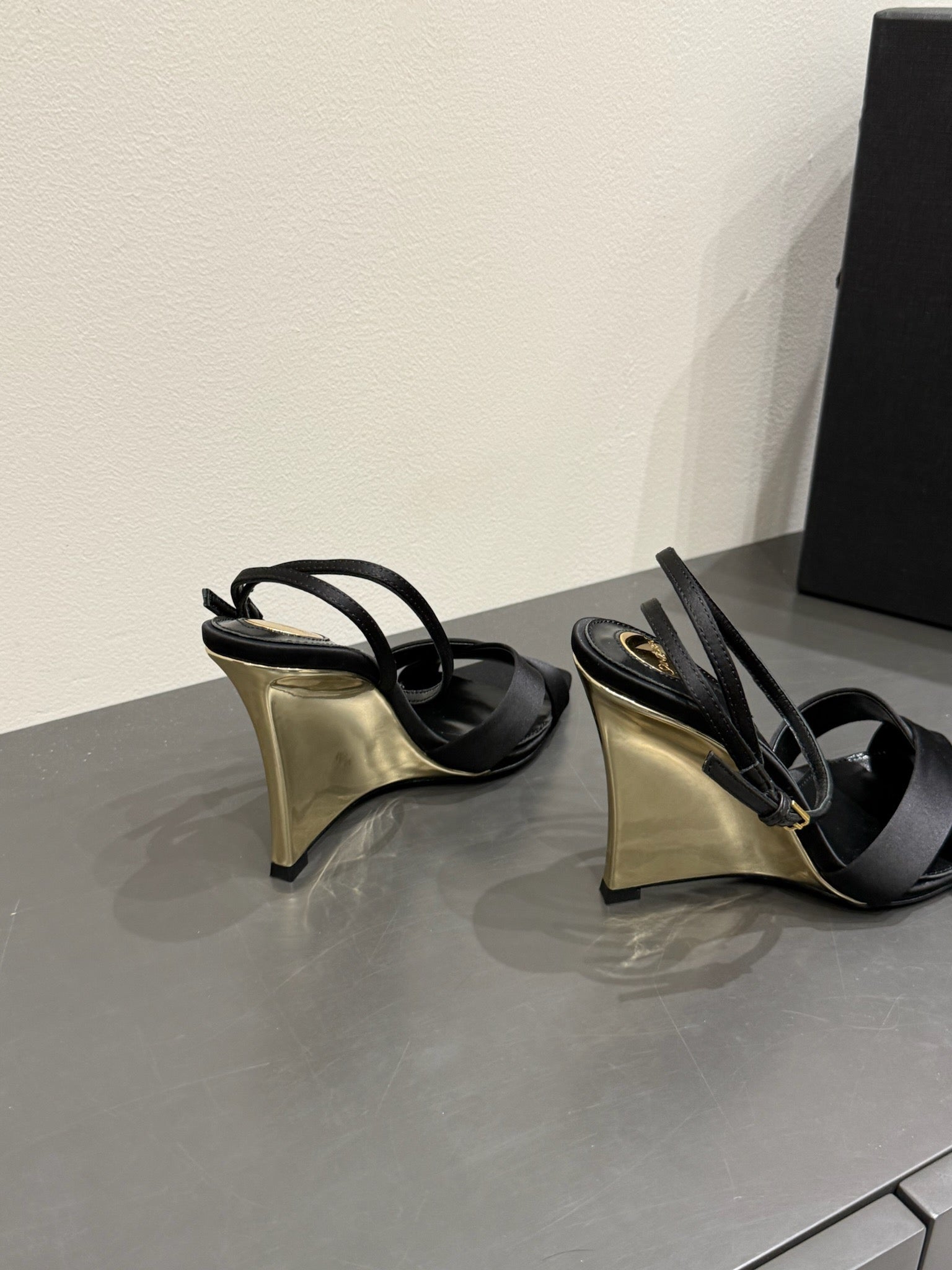 YSL STRAPPY WEDGE SANDALS 25S IN BLACK SATIN