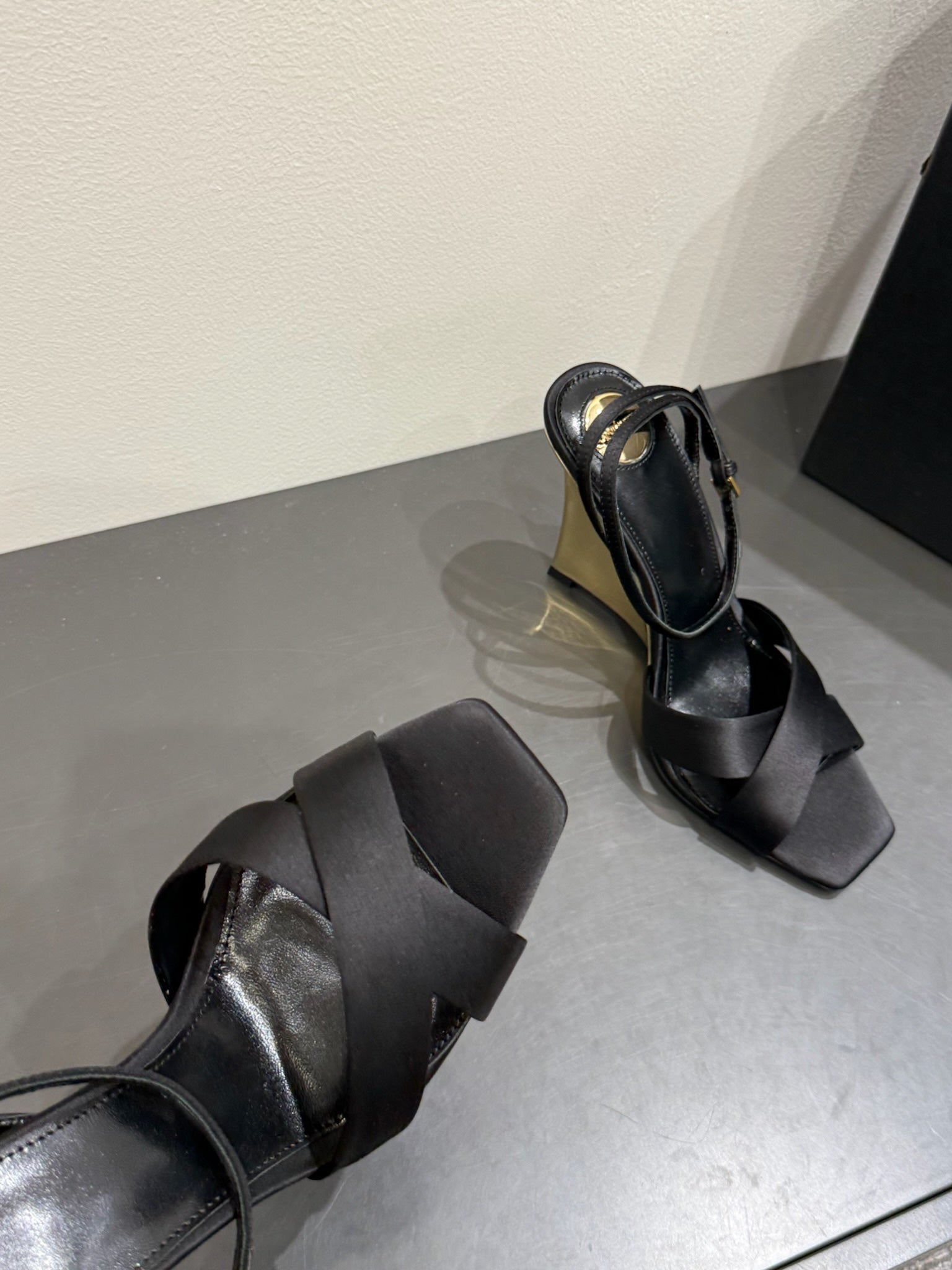 YSL STRAPPY WEDGE SANDALS 25S IN BLACK SATIN