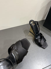 YSL STRAPPY WEDGE SANDALS 25S IN BLACK SATIN