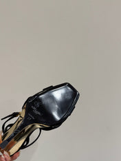 YSL STRAPPY WEDGE SANDALS 25S IN BLACK SATIN