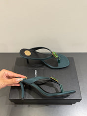 YSL HEELED THONG SANDALS 25S IN DARK ARMY GREEN SATIN WITH CRYSTAL