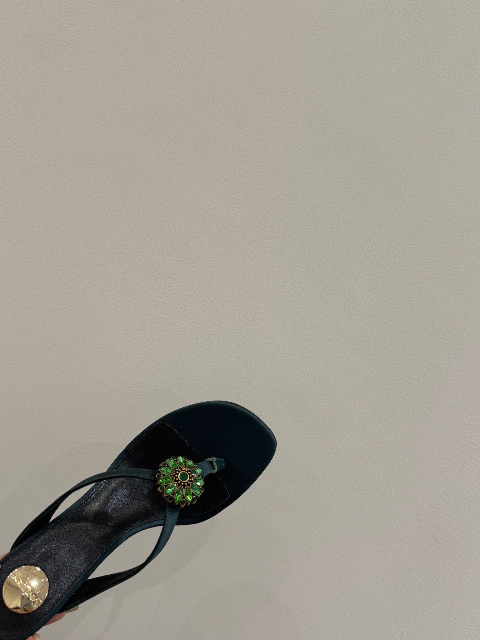 YSL HEELED THONG SANDALS 25S IN DARK ARMY GREEN SATIN WITH CRYSTAL