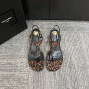 YSL WEDGE THONG SANDALS 25S IN LEOPARD LAMBSKIN WITH GOLD HARDWARE