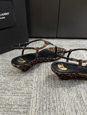 YSL WEDGE THONG SANDALS 25S IN LEOPARD LAMBSKIN WITH GOLD HARDWARE