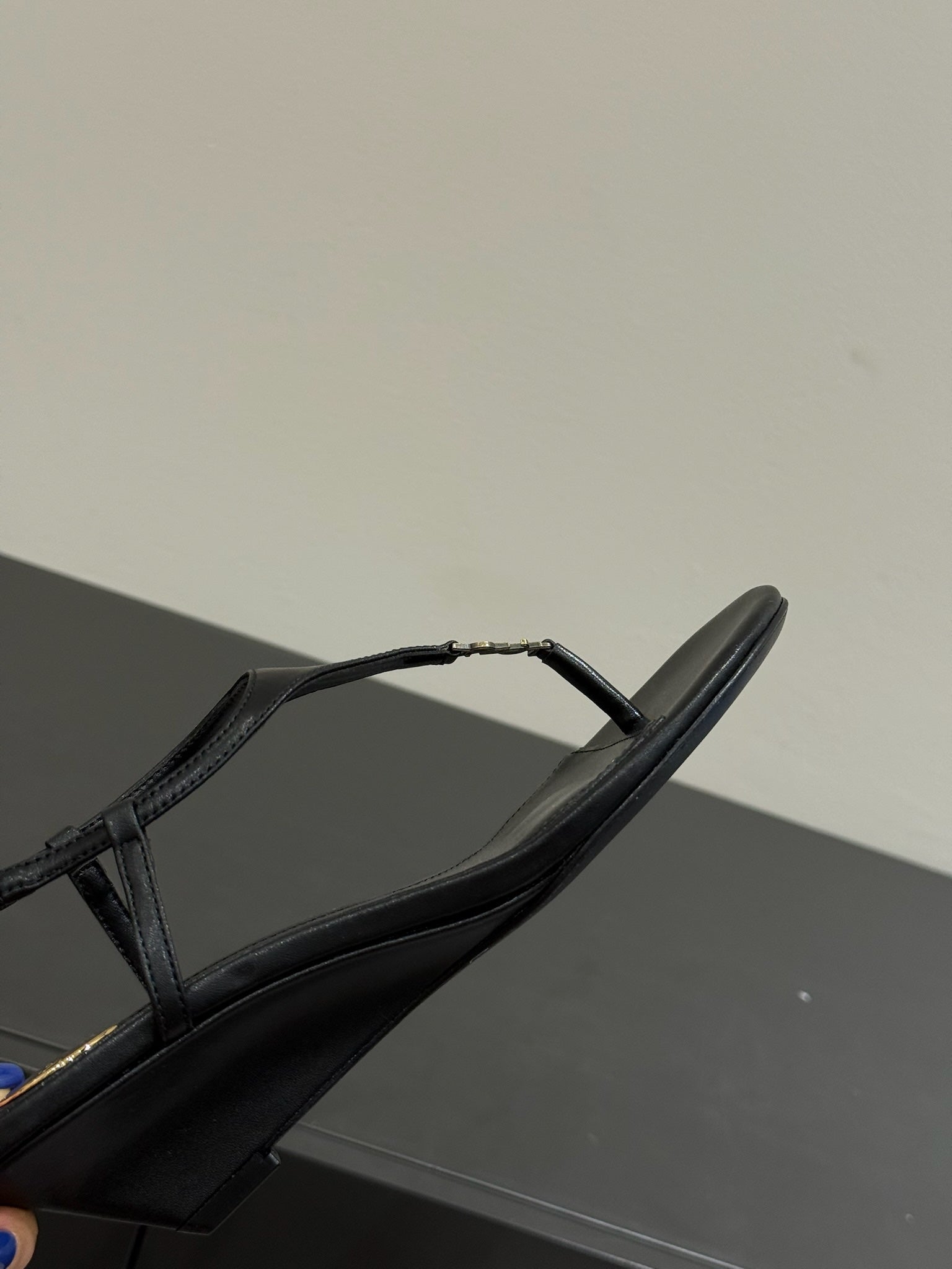 YSL WEDGE THONG SANDALS 25S IN BLACK LAMBSKIN WITH GOLD HARDWARE