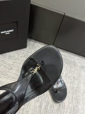 YSL WEDGE THONG SANDALS 25S IN BLACK LAMBSKIN WITH GOLD HARDWARE