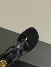 YSL WEDGE THONG SANDALS 25S IN BLACK LAMBSKIN WITH GOLD HARDWARE