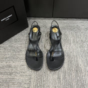 YSL WEDGE THONG SANDALS 25S IN BLACK LAMBSKIN WITH GOLD HARDWARE