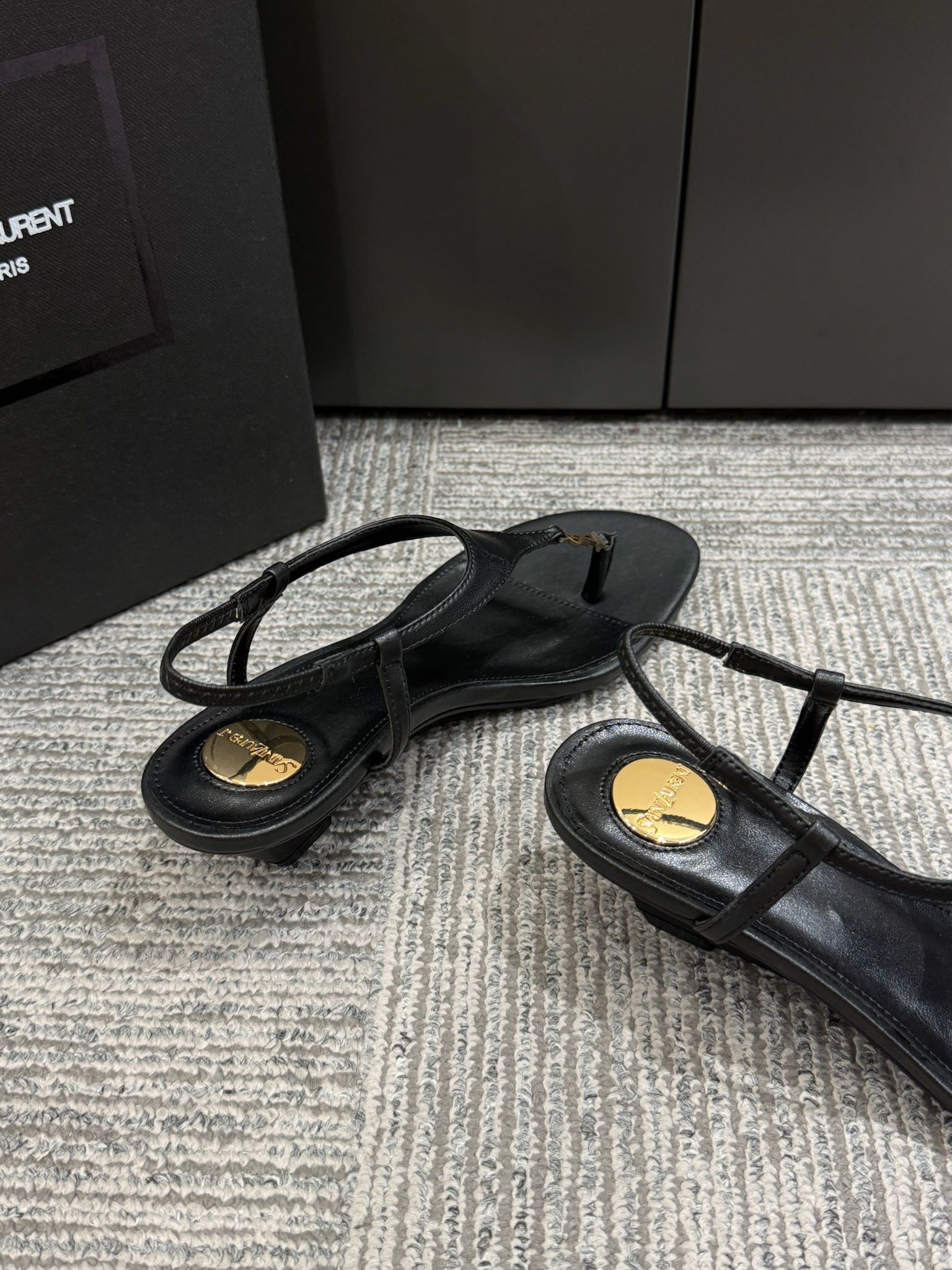 YSL WEDGE THONG SANDALS 25S IN BLACK LAMBSKIN WITH GOLD HARDWARE