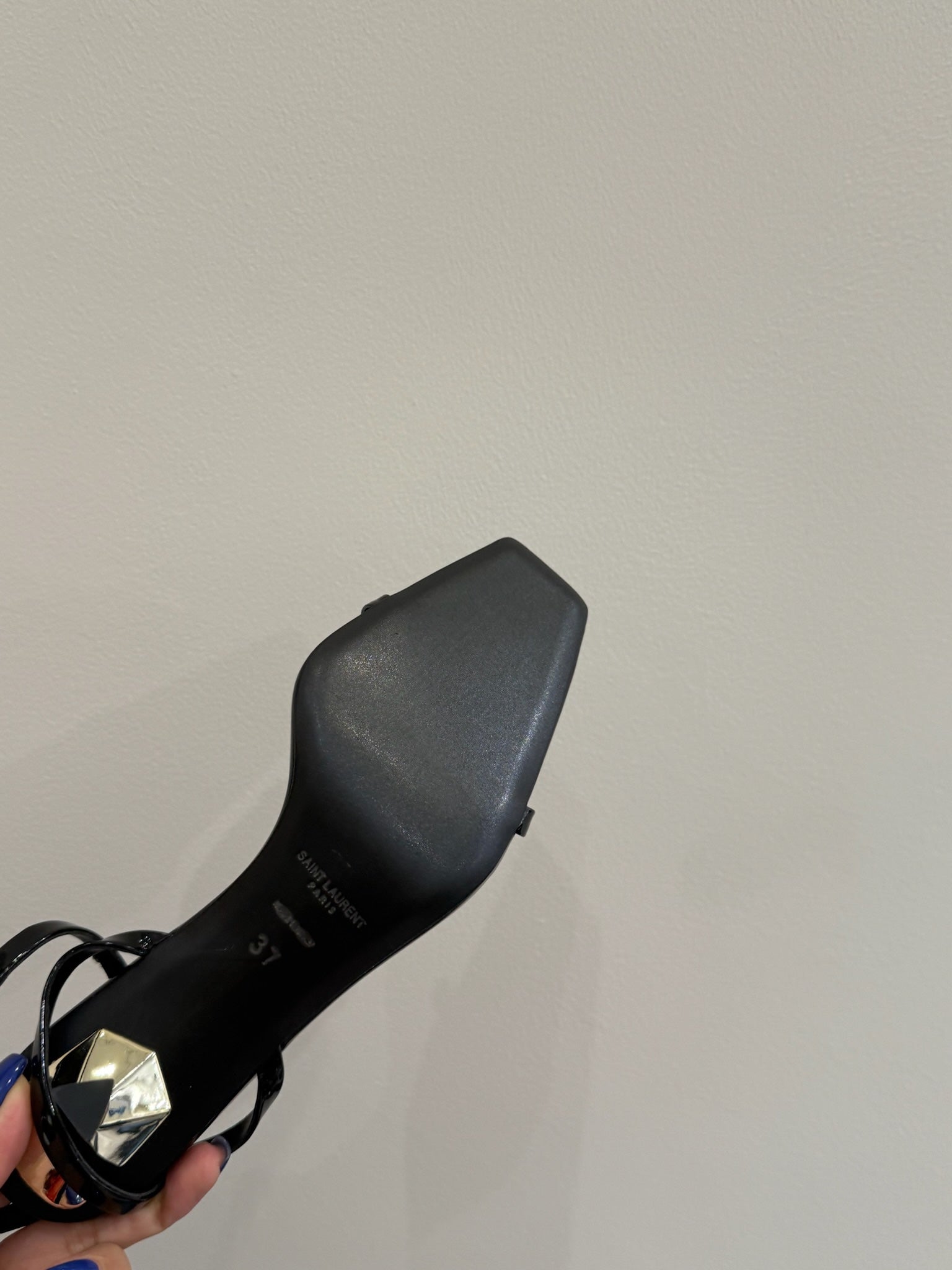 YSL KITTEN HEEL SANDALS 25S IN BLACK GLOSSY LAMBSKIN