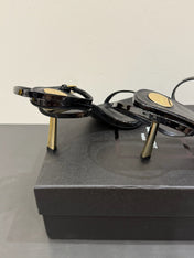 YSL KITTEN HEEL SANDALS 25S IN BLACK GLOSSY LAMBSKIN