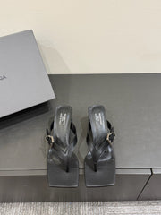 BALENCIAGA 25S HIGH-HEELED FLIP-FLOPS IN BLACK CALFSKIN WITH SILVER HARDWARE