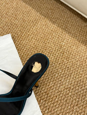 YSL HIGH HEEL SANDALS 25S IN DEEP SEA BLUE SATIN AND LAMBSKIN