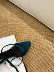 YSL HIGH HEEL SANDALS 25S IN DEEP SEA BLUE SATIN AND LAMBSKIN