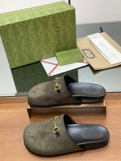 GG HORSEBIT MULE IN KHAKI GREEN EMBOSSED SUEDE AND SHEEPSKIN LINING