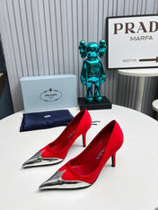 HIGH POINTED-TOE PUMPS IN RED MIX SILVER SATIN