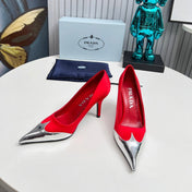 HIGH POINTED-TOE PUMPS IN RED MIX SILVER SATIN