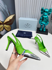 HIGH SLING BACK PUMPS IN SILVER MIX LIME GREEN SATIN