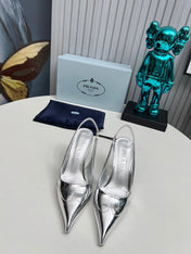 HIGH SLING BACK PUMPS IN SILVER GLOSSY CALFSKIN