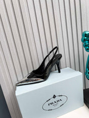 HIGH SLING BACK PUMPS IN SILVER MIX BLACK GLOSSY CALFSKIN