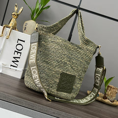 LOEWE 25S SLIT TOTE BAG 30 IN OLIVE DRAB RAFFIA CANVAS SHOULDER STRAP