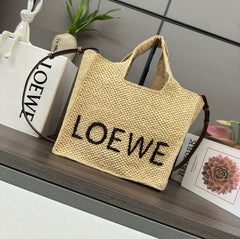 LOEWE 25S WE FONT TOTE BAG 30 IN NATURAL RAFFIA FIBER CALFSKIN SHOULDER STRAP