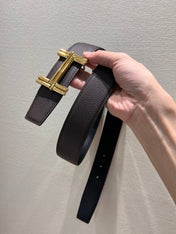 HM TRAVERSE BELT BUCKLE & REVERSIBLE CHOCOLATE BROWN AND BLACK LEATHER STRAP 38 MM GOLD HARDWARE