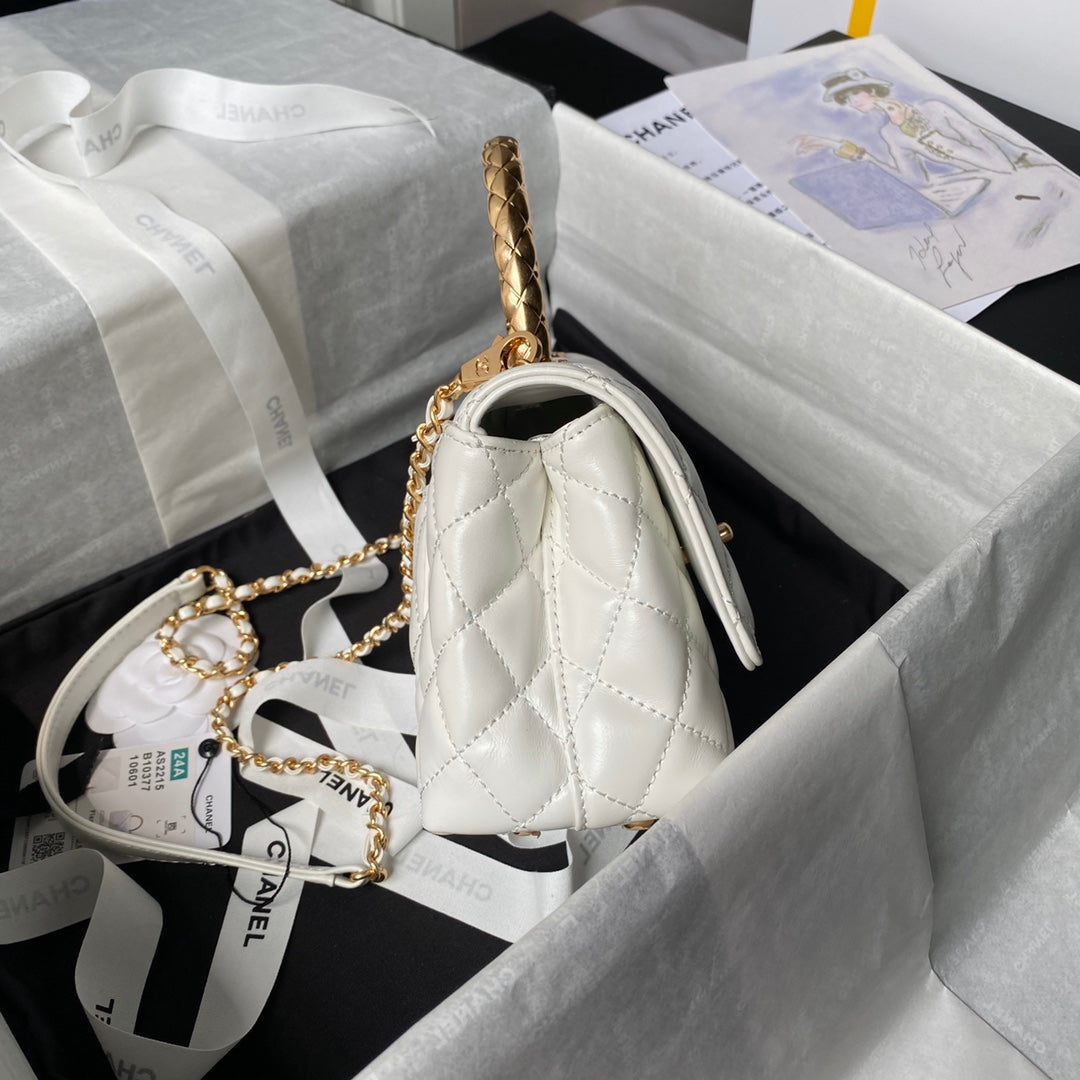 CHANEL 25S CLASSIC COCO HANDLE BAG 19 CM IN WHITE LAMBSKIN WITH GOLD HARDWARE