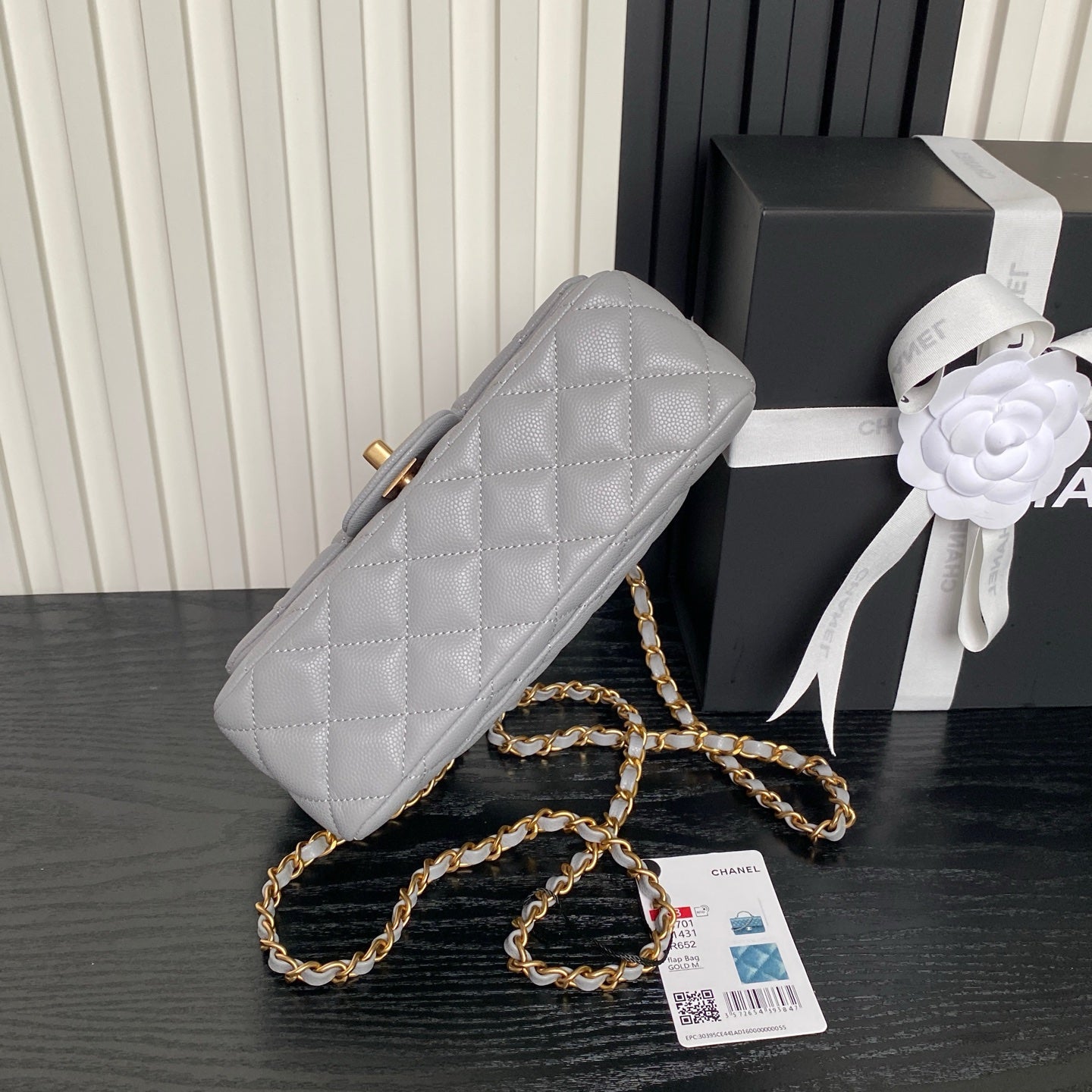 CHANEL 25S FLAP BAG 19 IN CHARCOAL GRAY CALFSKIN GOLD HARDWARE