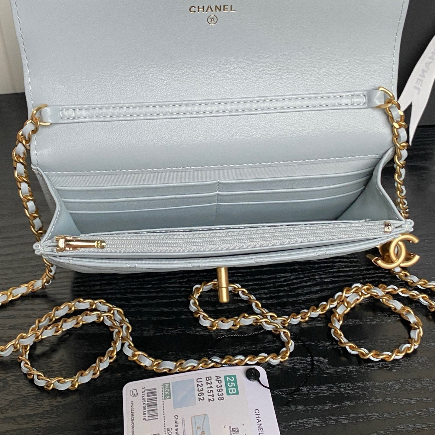 CHANEL 25S CHAIN WALLET 19 IN LIGHT BLUE LAMBSKIN GOLD HARDWARE