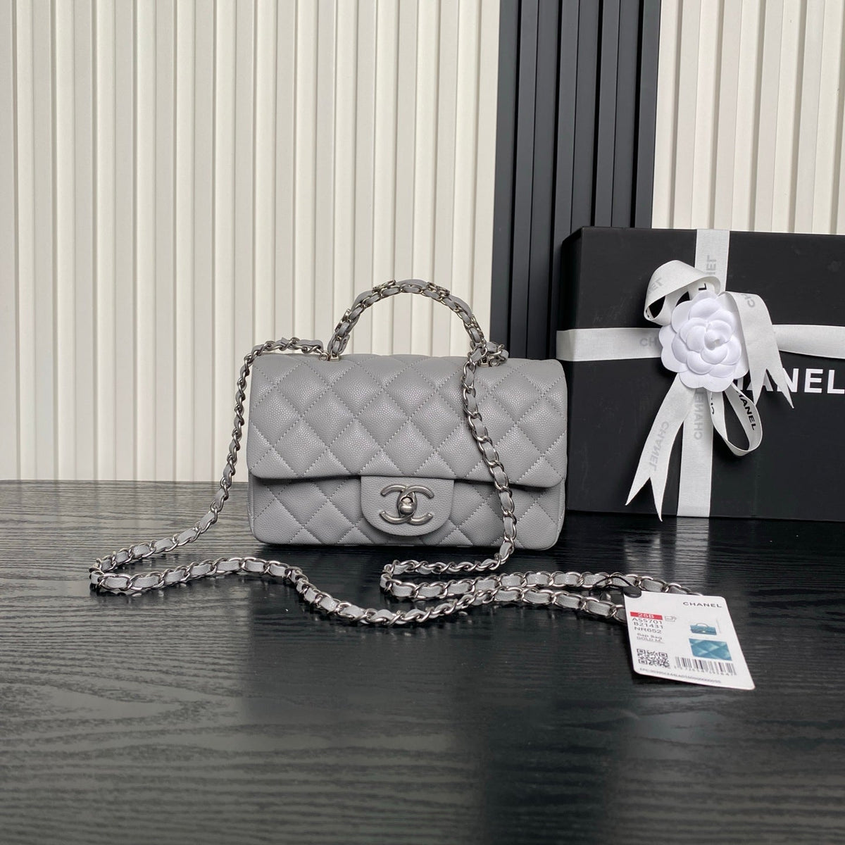 CHANEL 25S FLAP BAG 19 IN CHARCOAL GRAY CALFSKIN SILVER HARDWARE