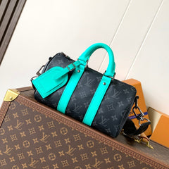 LV 25S KEEPALL 25 WITH SHOULDER STRAP IN BLACK AQUA COATED MONOGRAM ECLIPSE CANVAS AND CALFSKIN