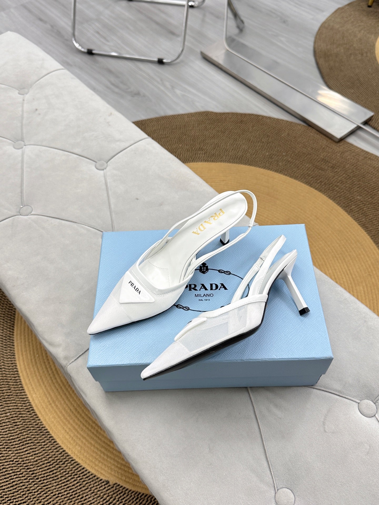 PRADA 25S TRIANGLE LOGO SLINGBACK PUMPS IN WHITE MESH FABRIC