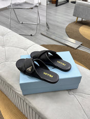 PRADA 25S SLIDE SANDALS IN BLACK CALFSKIN LOGO